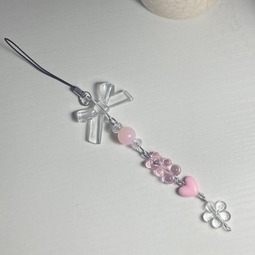 Beaded Phone Strap: Pink Heart & Clover Charm