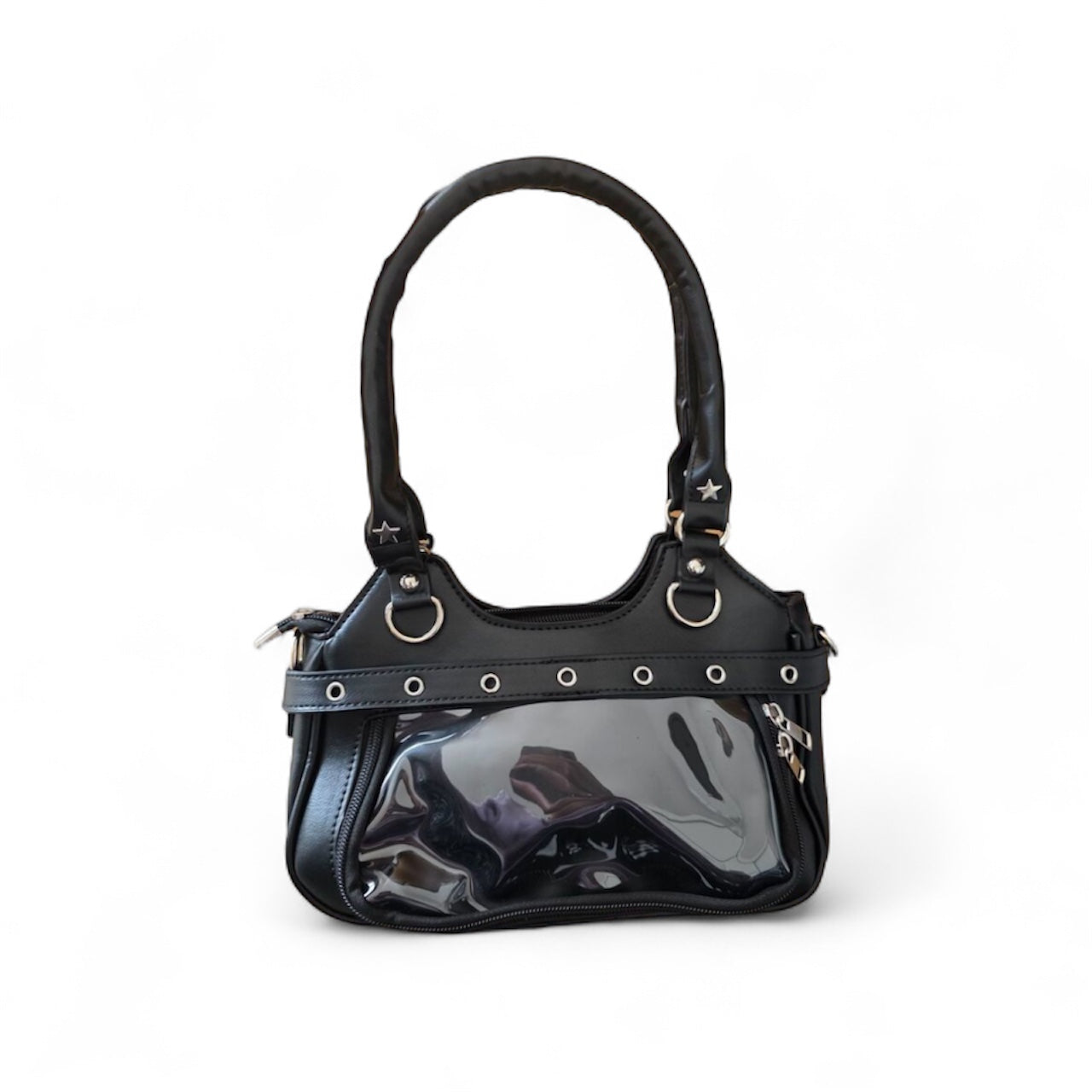 Black Y2K Shoulder Bag – Star Studs, Cross Charm & Buckle Detail