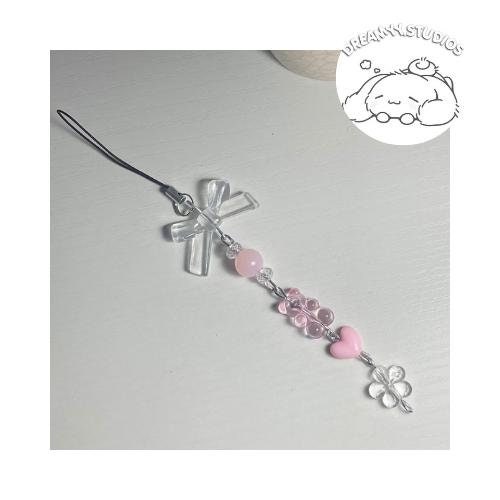 Beaded Phone Strap: Pink Heart & Clover Charm